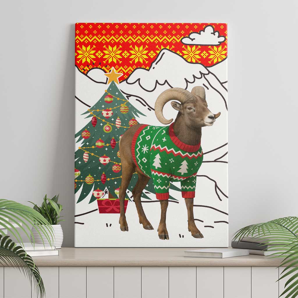 Kyrgyzstan Christmas Canvas Wall Art with Mountain Goat in Festive Red Snowflake Pattern and Holiday Tree - Wonder Print Shop