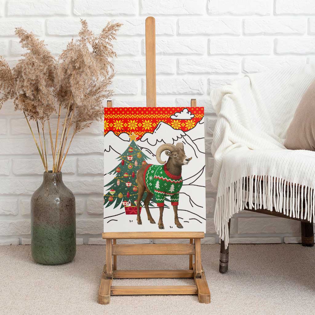 Kyrgyzstan Christmas Canvas Wall Art with Mountain Goat in Festive Red Snowflake Pattern and Holiday Tree - Wonder Print Shop