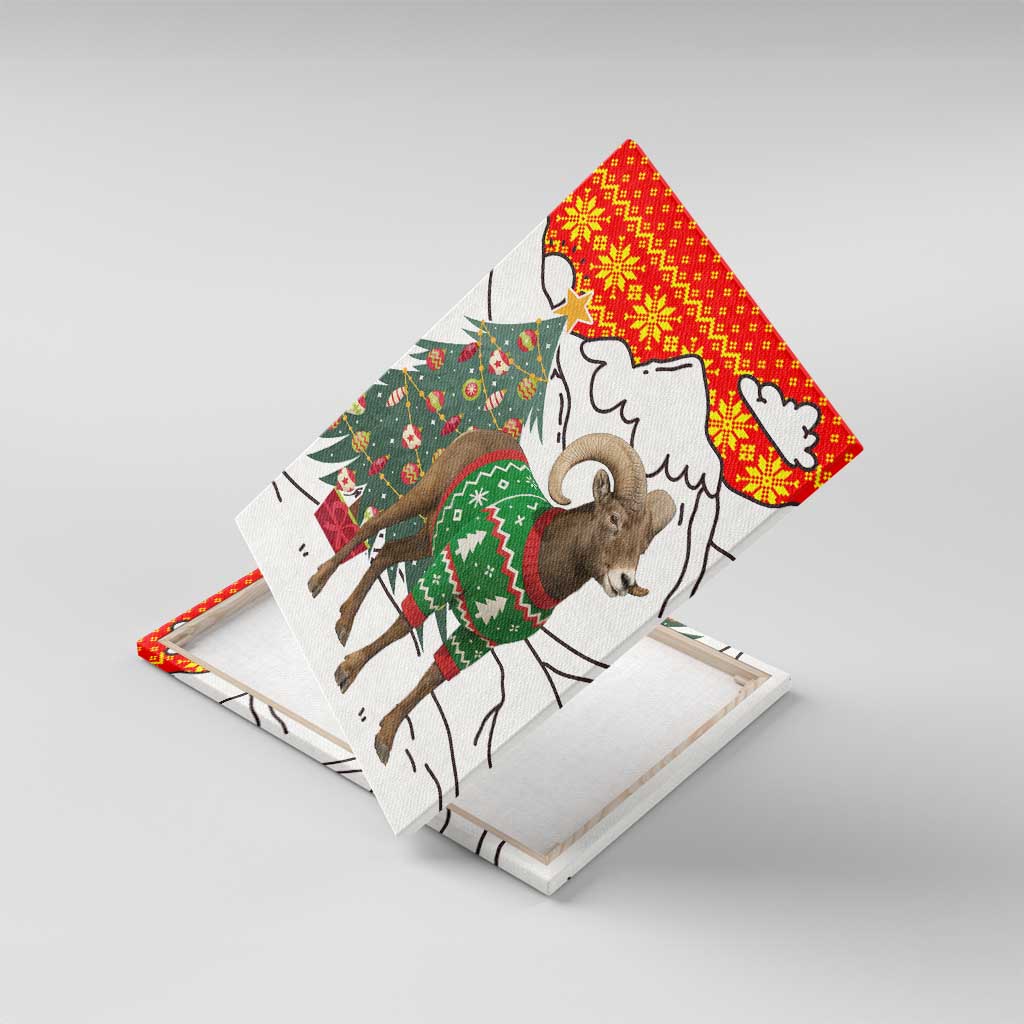 Kyrgyzstan Christmas Canvas Wall Art with Mountain Goat in Festive Red Snowflake Pattern and Holiday Tree - Wonder Print Shop