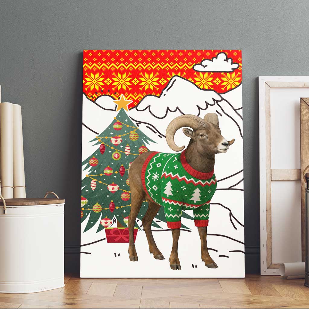 Kyrgyzstan Christmas Canvas Wall Art with Mountain Goat in Festive Red Snowflake Pattern and Holiday Tree - Wonder Print Shop