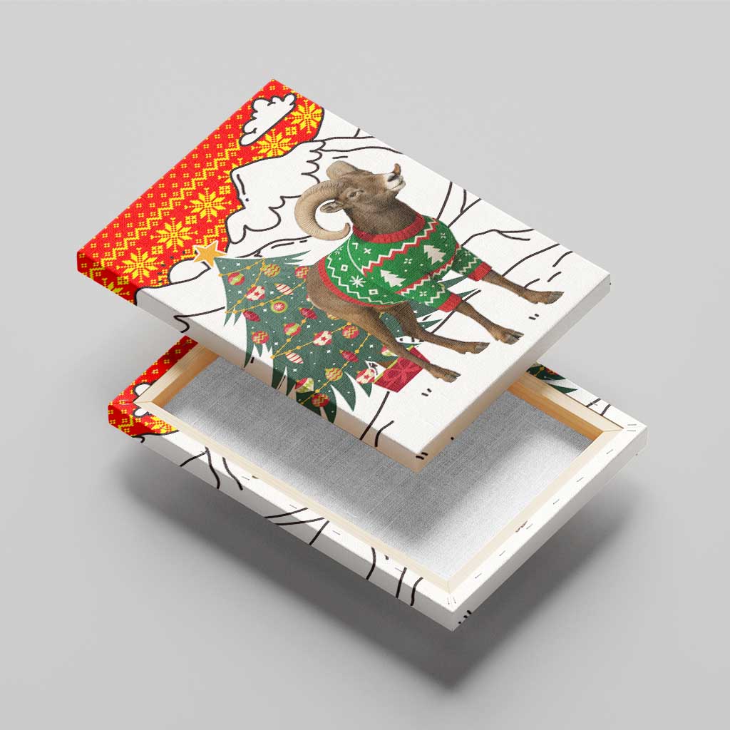 Kyrgyzstan Christmas Canvas Wall Art with Mountain Goat in Festive Red Snowflake Pattern and Holiday Tree - Wonder Print Shop