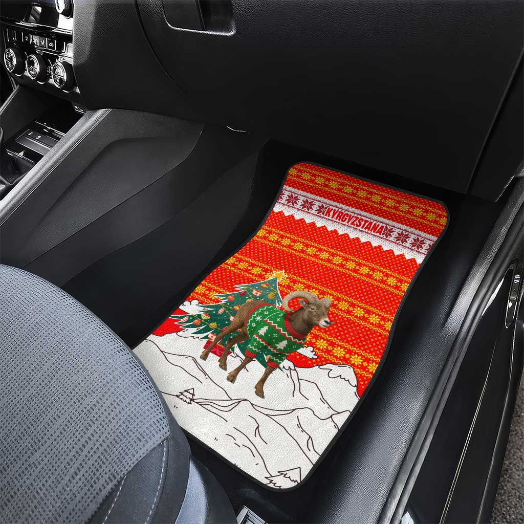Kyrgyzstan Christmas Car Mats with Mountain Goat in Festive Red Snowflake Pattern and Holiday Tree - Wonder Print Shop