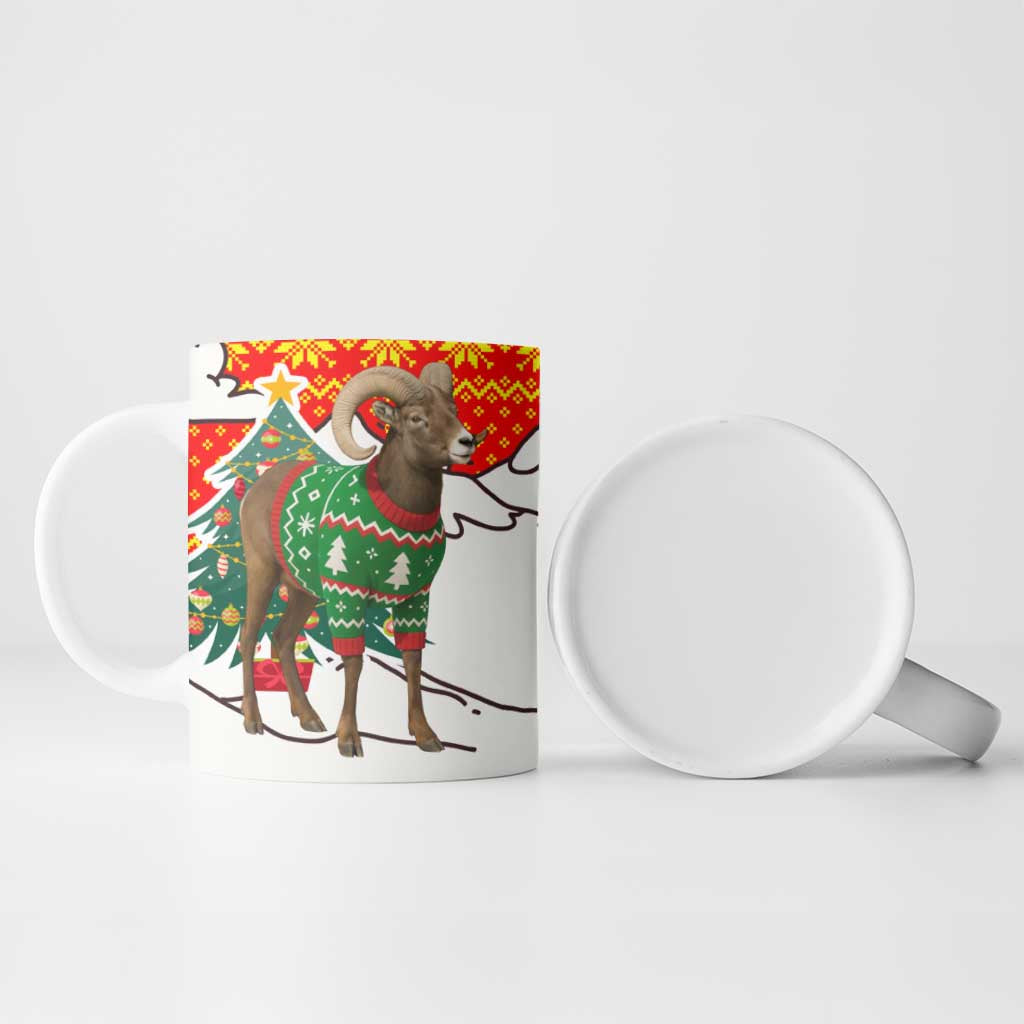Kyrgyzstan Christmas Ceramic Mug with Mountain Goat in Festive Red Snowflake Pattern and Holiday Tree - Wonder Print Shop