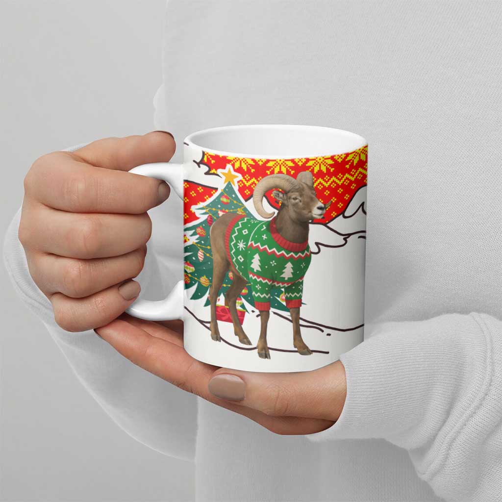 Kyrgyzstan Christmas Ceramic Mug with Mountain Goat in Festive Red Snowflake Pattern and Holiday Tree - Wonder Print Shop