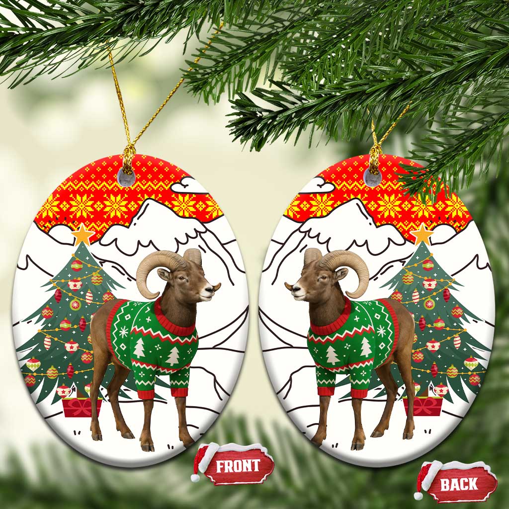 Kyrgyzstan Christmas Ceramic Ornament with Mountain Goat in Festive Red Snowflake Pattern and Holiday Tree - Wonder Print Shop