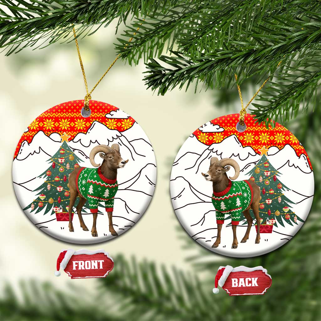 Kyrgyzstan Christmas Ceramic Ornament with Mountain Goat in Festive Red Snowflake Pattern and Holiday Tree - Wonder Print Shop