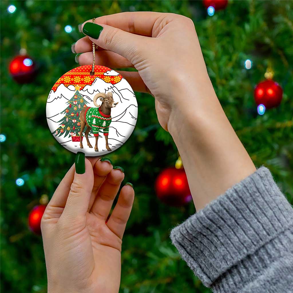 Kyrgyzstan Christmas Ceramic Ornament with Mountain Goat in Festive Red Snowflake Pattern and Holiday Tree - Wonder Print Shop