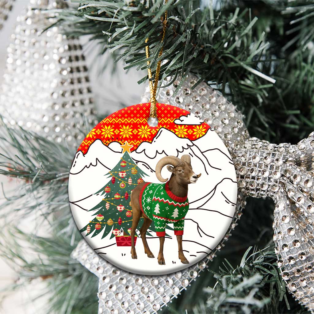Kyrgyzstan Christmas Ceramic Ornament with Mountain Goat in Festive Red Snowflake Pattern and Holiday Tree - Wonder Print Shop