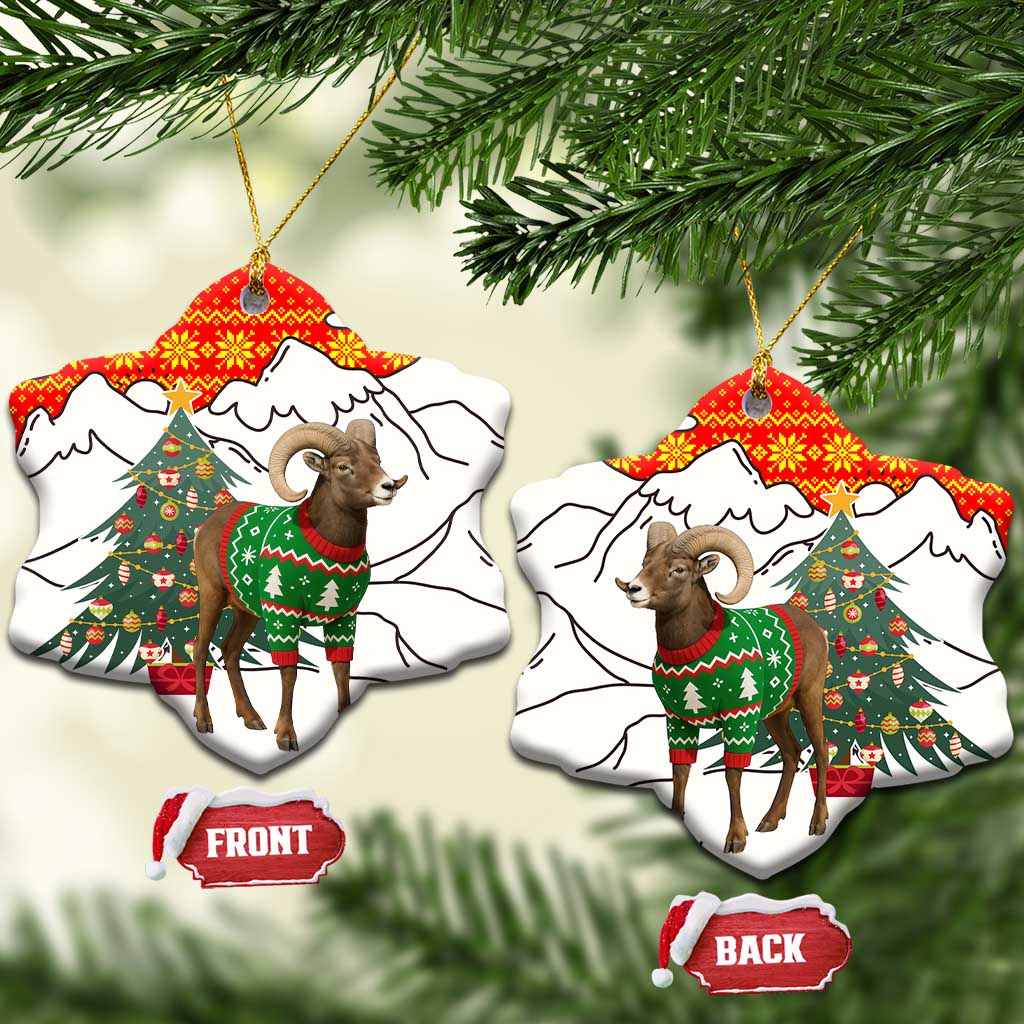 Kyrgyzstan Christmas Ceramic Ornament with Mountain Goat in Festive Red Snowflake Pattern and Holiday Tree - Wonder Print Shop
