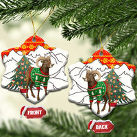 Kyrgyzstan Christmas Ceramic Ornament with Mountain Goat in Festive Red Snowflake Pattern and Holiday Tree - Wonder Print Shop