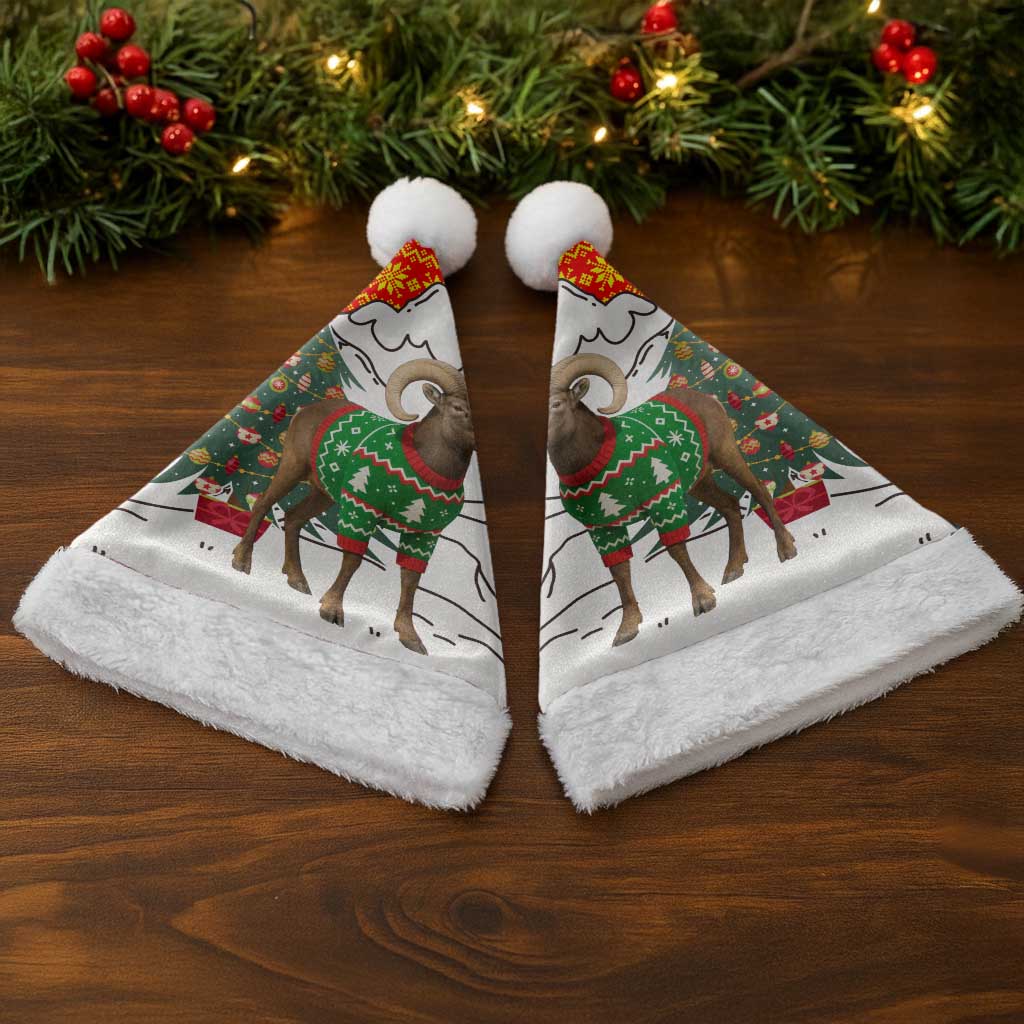 Kyrgyzstan Christmas Santa Hat with Mountain Goat in Festive Red Snowflake Pattern and Holiday Tree - Wonder Print Shop