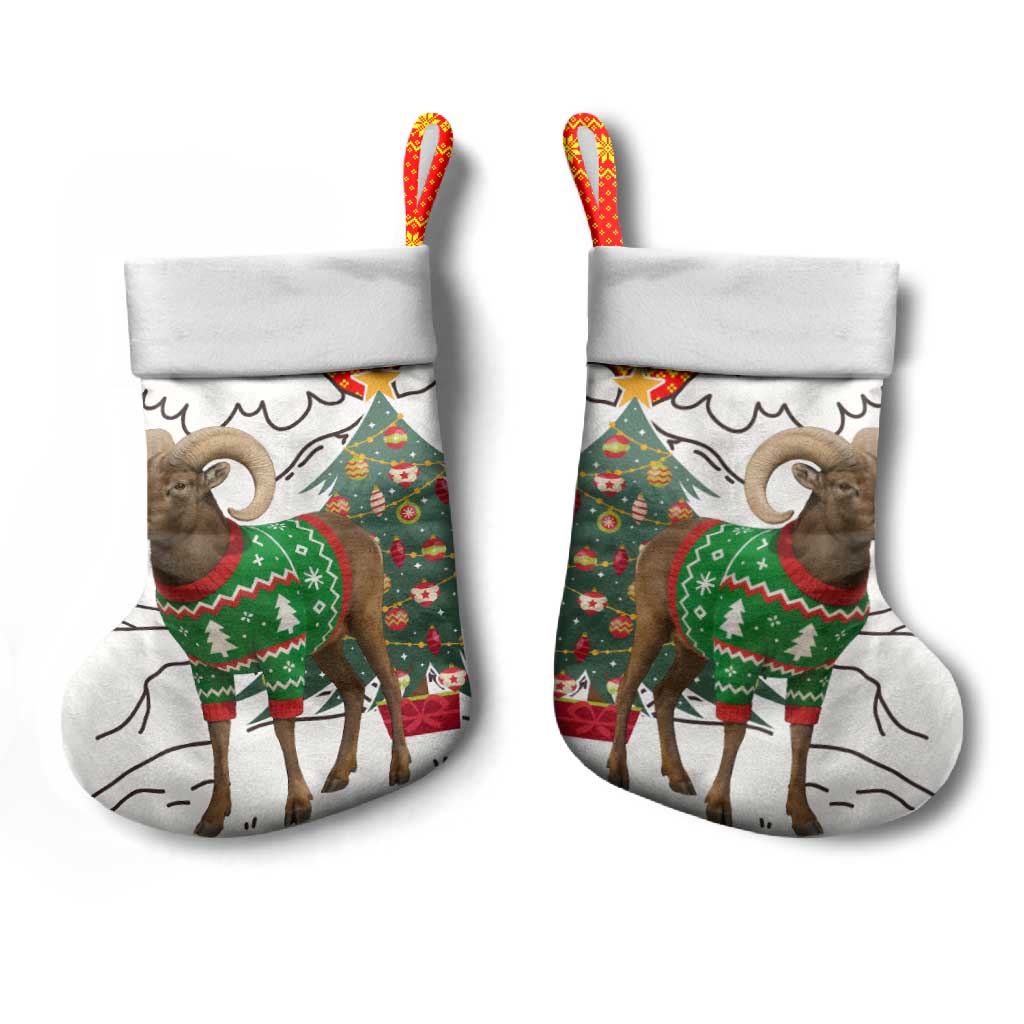 Kyrgyzstan Christmas Stocking with Mountain Goat in Festive Red Snowflake Pattern and Holiday Tree - Wonder Print Shop