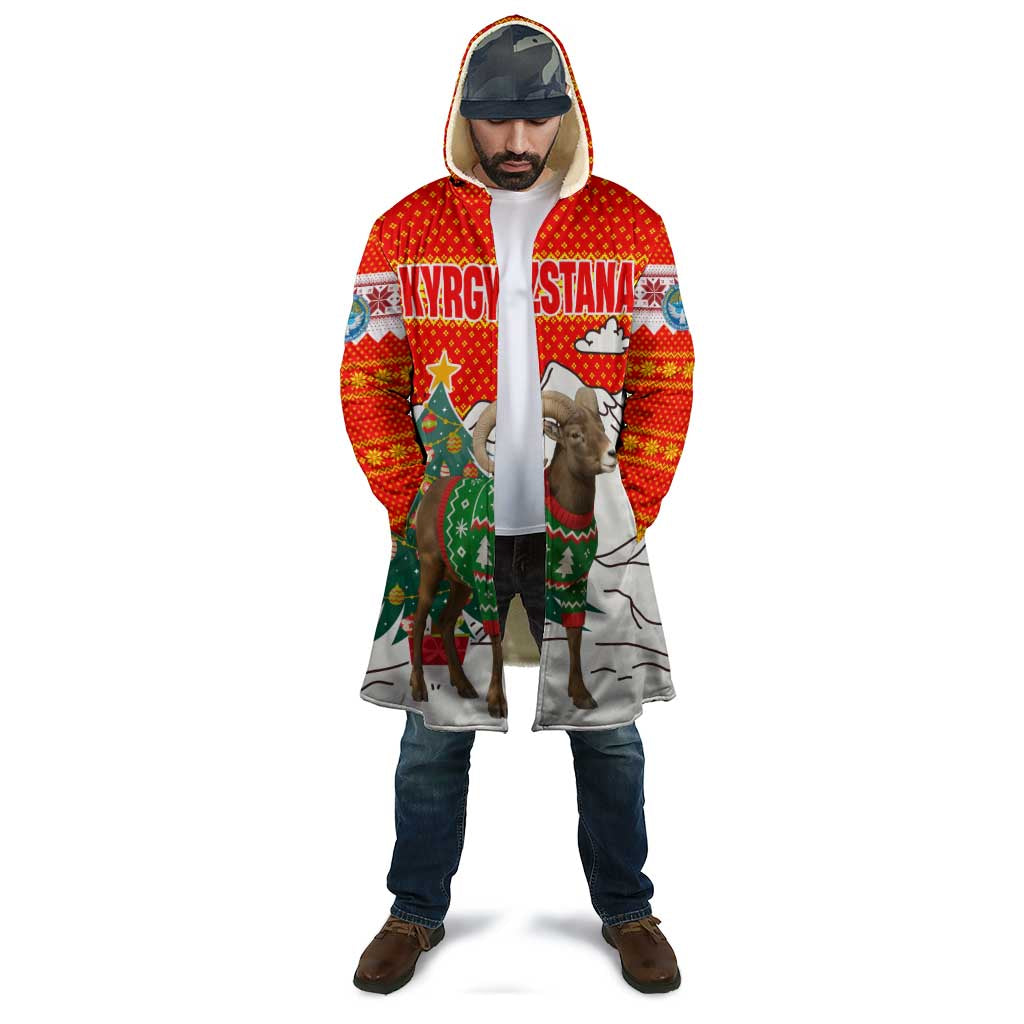 Kyrgyzstan Christmas Cloak with Mountain Goat in Festive Red Snowflake Pattern and Holiday Tree - Wonder Print Shop