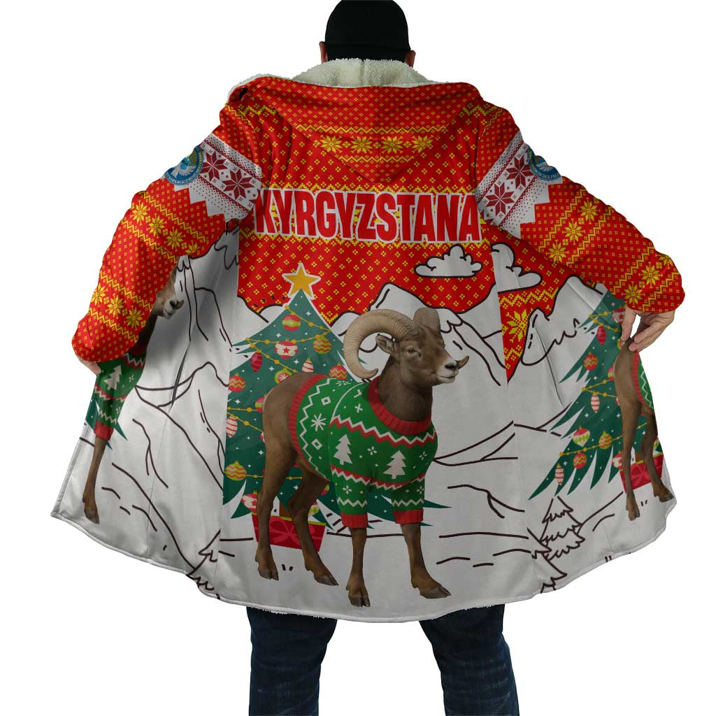 Kyrgyzstan Christmas Cloak with Mountain Goat in Festive Red Snowflake Pattern and Holiday Tree - Wonder Print Shop
