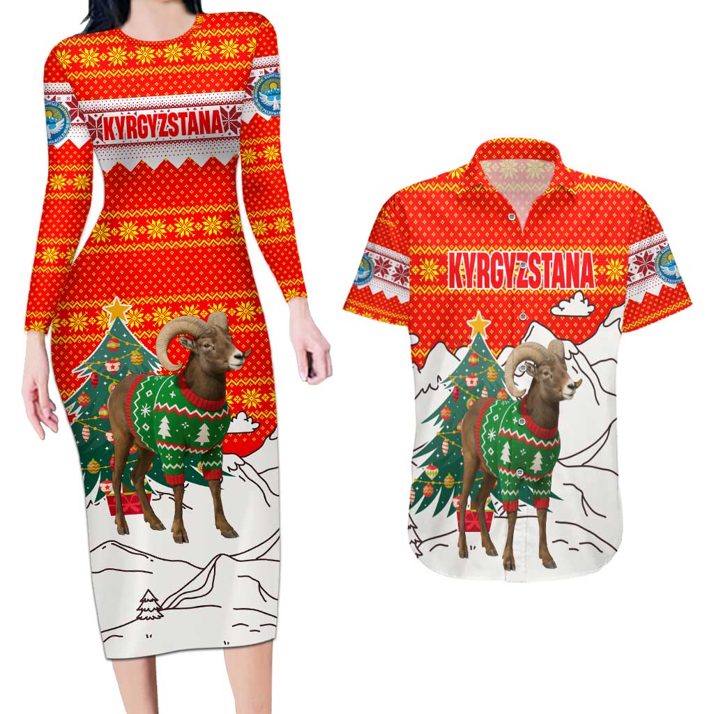 Kyrgyzstan Christmas Couples Matching Long Sleeve Bodycon Dress and Hawaiian Shirt with Mountain Goat in Festive Red Snowflake Pattern and Holiday Tree - Wonder Print Shop