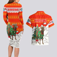 Kyrgyzstan Christmas Couples Matching Long Sleeve Bodycon Dress and Hawaiian Shirt with Mountain Goat in Festive Red Snowflake Pattern and Holiday Tree - Wonder Print Shop