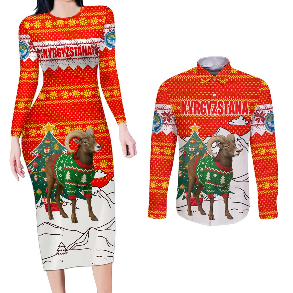 Kyrgyzstan Christmas Couples Matching Long Sleeve Bodycon Dress and Long Sleeve Button Shirt with Mountain Goat in Festive Red Snowflake Pattern and Holiday Tree - Wonder Print Shop