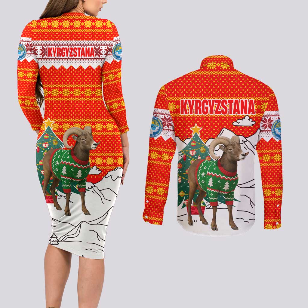 Kyrgyzstan Christmas Couples Matching Long Sleeve Bodycon Dress and Long Sleeve Button Shirt with Mountain Goat in Festive Red Snowflake Pattern and Holiday Tree - Wonder Print Shop