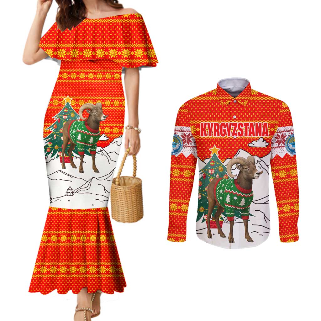 Kyrgyzstan Christmas Couples Matching Mermaid Dress and Long Sleeve Button Shirt with Mountain Goat in Festive Red Snowflake Pattern and Holiday Tree - Wonder Print Shop