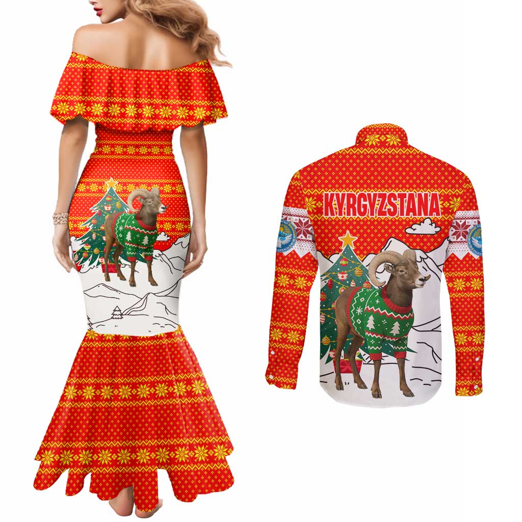 Kyrgyzstan Christmas Couples Matching Mermaid Dress and Long Sleeve Button Shirt with Mountain Goat in Festive Red Snowflake Pattern and Holiday Tree - Wonder Print Shop