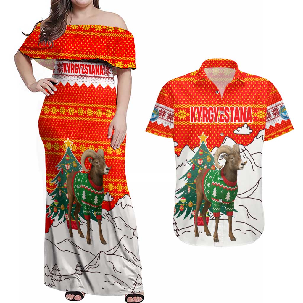 Kyrgyzstan Christmas Couples Matching Off Shoulder Maxi Dress and Hawaiian Shirt with Mountain Goat in Festive Red Snowflake Pattern and Holiday Tree - Wonder Print Shop