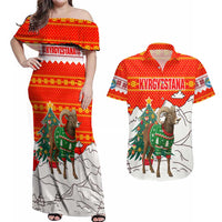 Kyrgyzstan Christmas Couples Matching Off Shoulder Maxi Dress and Hawaiian Shirt with Mountain Goat in Festive Red Snowflake Pattern and Holiday Tree - Wonder Print Shop
