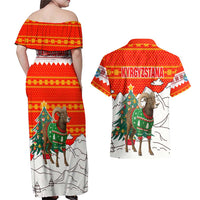 Kyrgyzstan Christmas Couples Matching Off Shoulder Maxi Dress and Hawaiian Shirt with Mountain Goat in Festive Red Snowflake Pattern and Holiday Tree - Wonder Print Shop