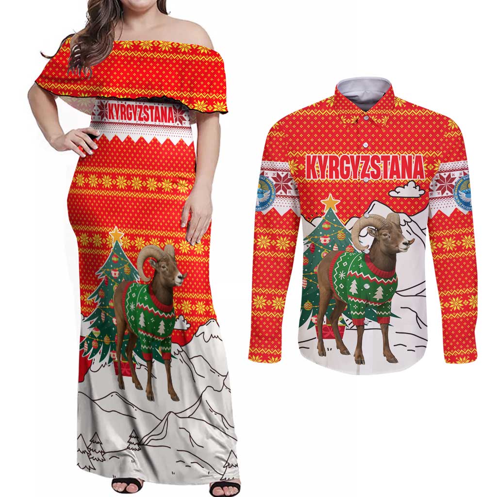 Kyrgyzstan Christmas Couples Matching Off Shoulder Maxi Dress and Long Sleeve Button Shirt with Mountain Goat in Festive Red Snowflake Pattern and Holiday Tree - Wonder Print Shop