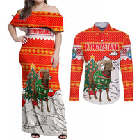 Kyrgyzstan Christmas Couples Matching Off Shoulder Maxi Dress and Long Sleeve Button Shirt with Mountain Goat in Festive Red Snowflake Pattern and Holiday Tree - Wonder Print Shop