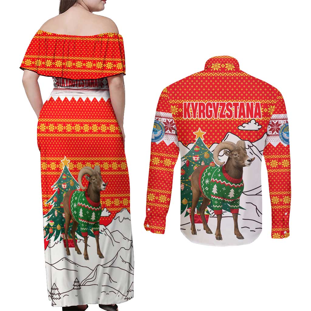 Kyrgyzstan Christmas Couples Matching Off Shoulder Maxi Dress and Long Sleeve Button Shirt with Mountain Goat in Festive Red Snowflake Pattern and Holiday Tree - Wonder Print Shop