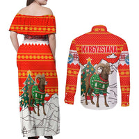 Kyrgyzstan Christmas Couples Matching Off Shoulder Maxi Dress and Long Sleeve Button Shirt with Mountain Goat in Festive Red Snowflake Pattern and Holiday Tree - Wonder Print Shop