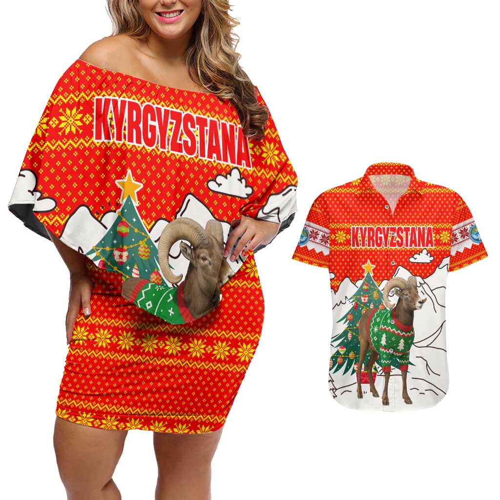 Kyrgyzstan Christmas Couples Matching Off Shoulder Short Dress and Hawaiian Shirt with Mountain Goat in Festive Red Snowflake Pattern and Holiday Tree - Wonder Print Shop