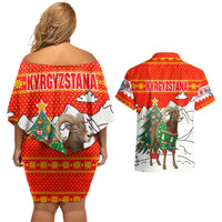 Kyrgyzstan Christmas Couples Matching Off Shoulder Short Dress and Hawaiian Shirt with Mountain Goat in Festive Red Snowflake Pattern and Holiday Tree - Wonder Print Shop