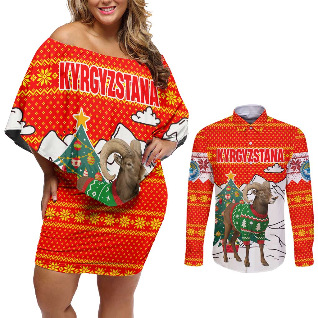 Kyrgyzstan Christmas Couples Matching Off Shoulder Short Dress and Long Sleeve Button Shirt with Mountain Goat in Festive Red Snowflake Pattern and Holiday Tree - Wonder Print Shop