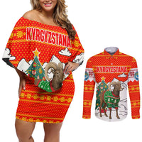 Kyrgyzstan Christmas Couples Matching Off Shoulder Short Dress and Long Sleeve Button Shirt with Mountain Goat in Festive Red Snowflake Pattern and Holiday Tree - Wonder Print Shop