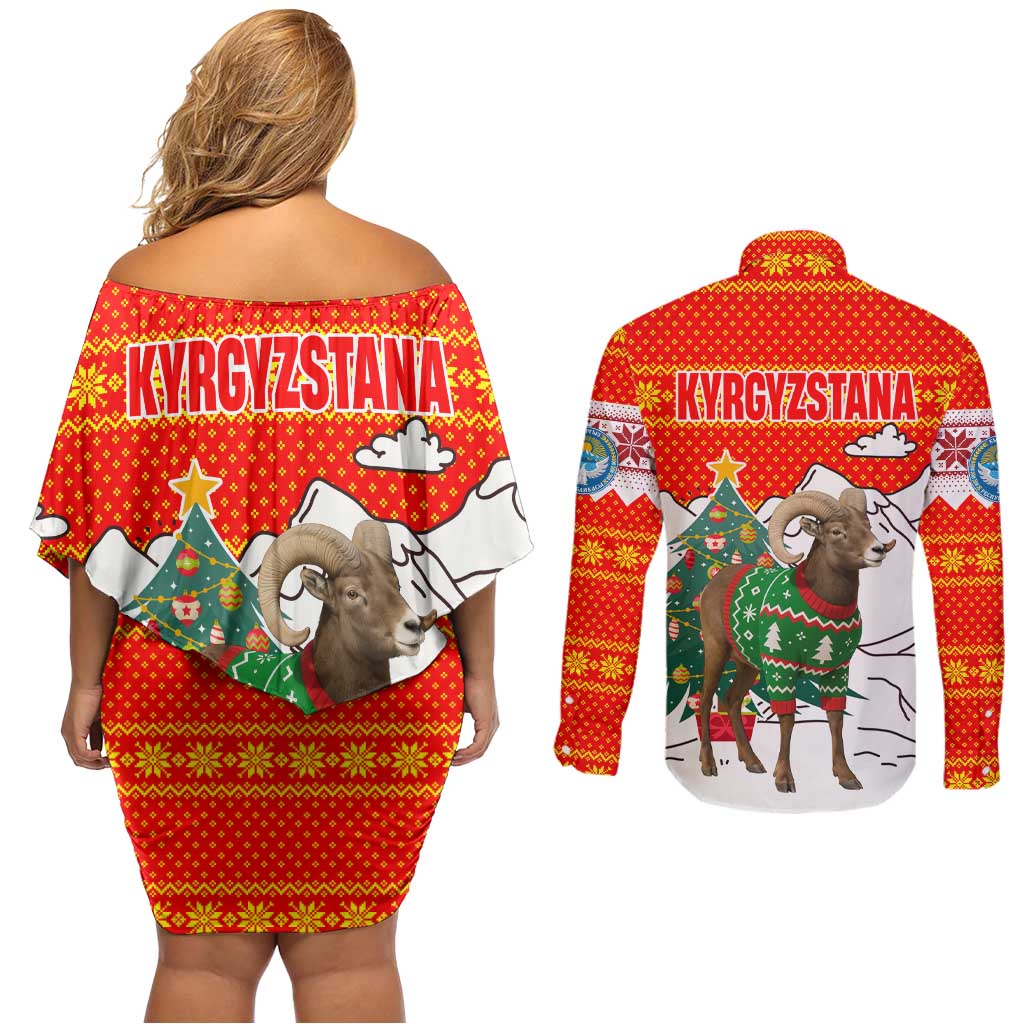 Kyrgyzstan Christmas Couples Matching Off Shoulder Short Dress and Long Sleeve Button Shirt with Mountain Goat in Festive Red Snowflake Pattern and Holiday Tree - Wonder Print Shop