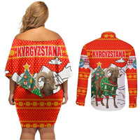 Kyrgyzstan Christmas Couples Matching Off Shoulder Short Dress and Long Sleeve Button Shirt with Mountain Goat in Festive Red Snowflake Pattern and Holiday Tree - Wonder Print Shop