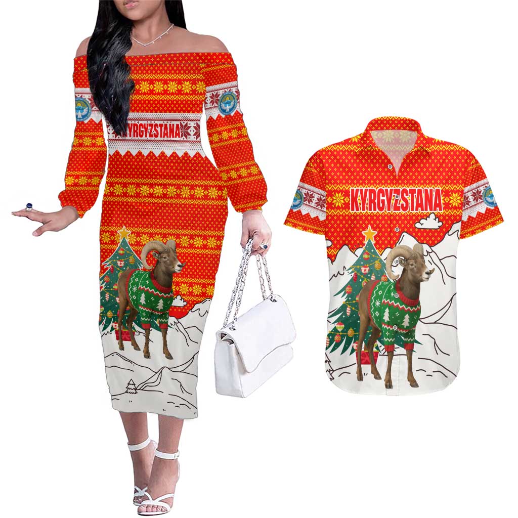 Kyrgyzstan Christmas Couples Matching Off The Shoulder Long Sleeve Dress and Hawaiian Shirt with Mountain Goat in Festive Red Snowflake Pattern and Holiday Tree - Wonder Print Shop