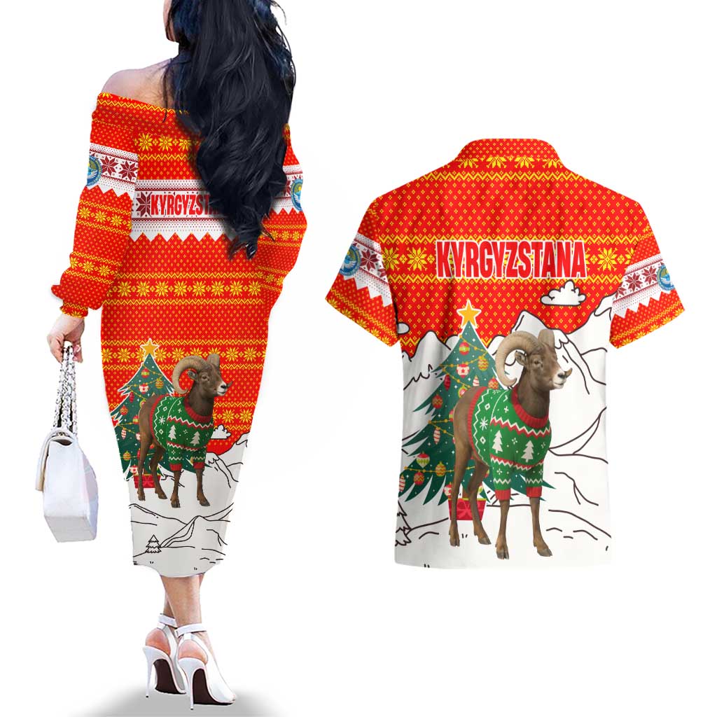 Kyrgyzstan Christmas Couples Matching Off The Shoulder Long Sleeve Dress and Hawaiian Shirt with Mountain Goat in Festive Red Snowflake Pattern and Holiday Tree - Wonder Print Shop