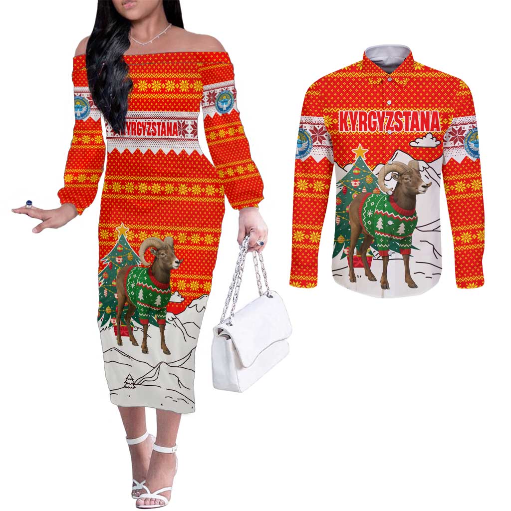 Kyrgyzstan Christmas Couples Matching Off The Shoulder Long Sleeve Dress and Long Sleeve Button Shirt with Mountain Goat in Festive Red Snowflake Pattern and Holiday Tree - Wonder Print Shop
