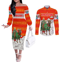 Kyrgyzstan Christmas Couples Matching Off The Shoulder Long Sleeve Dress and Long Sleeve Button Shirt with Mountain Goat in Festive Red Snowflake Pattern and Holiday Tree - Wonder Print Shop
