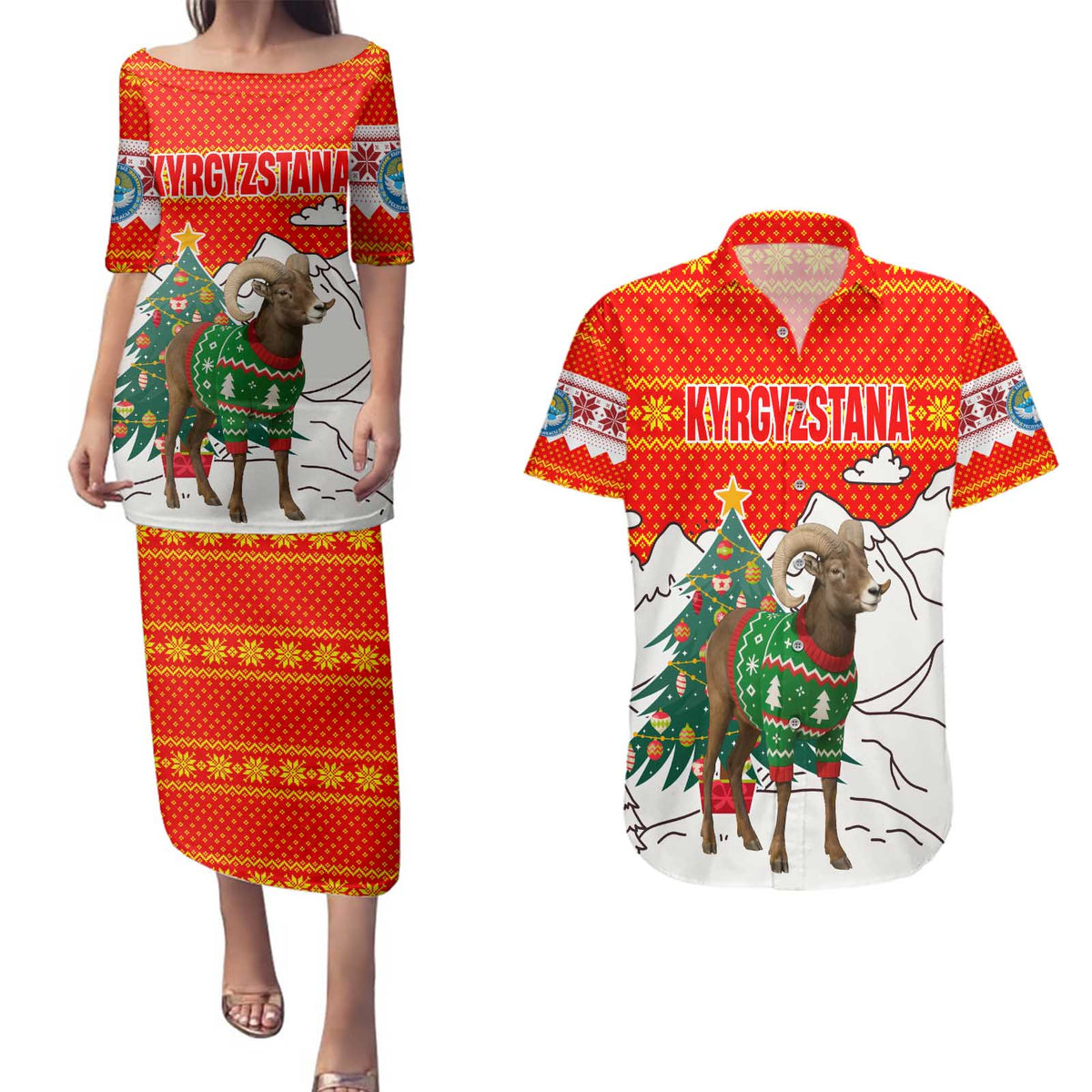 Kyrgyzstan Christmas Couples Matching Puletasi and Hawaiian Shirt with Mountain Goat in Festive Red Snowflake Pattern and Holiday Tree - Wonder Print Shop