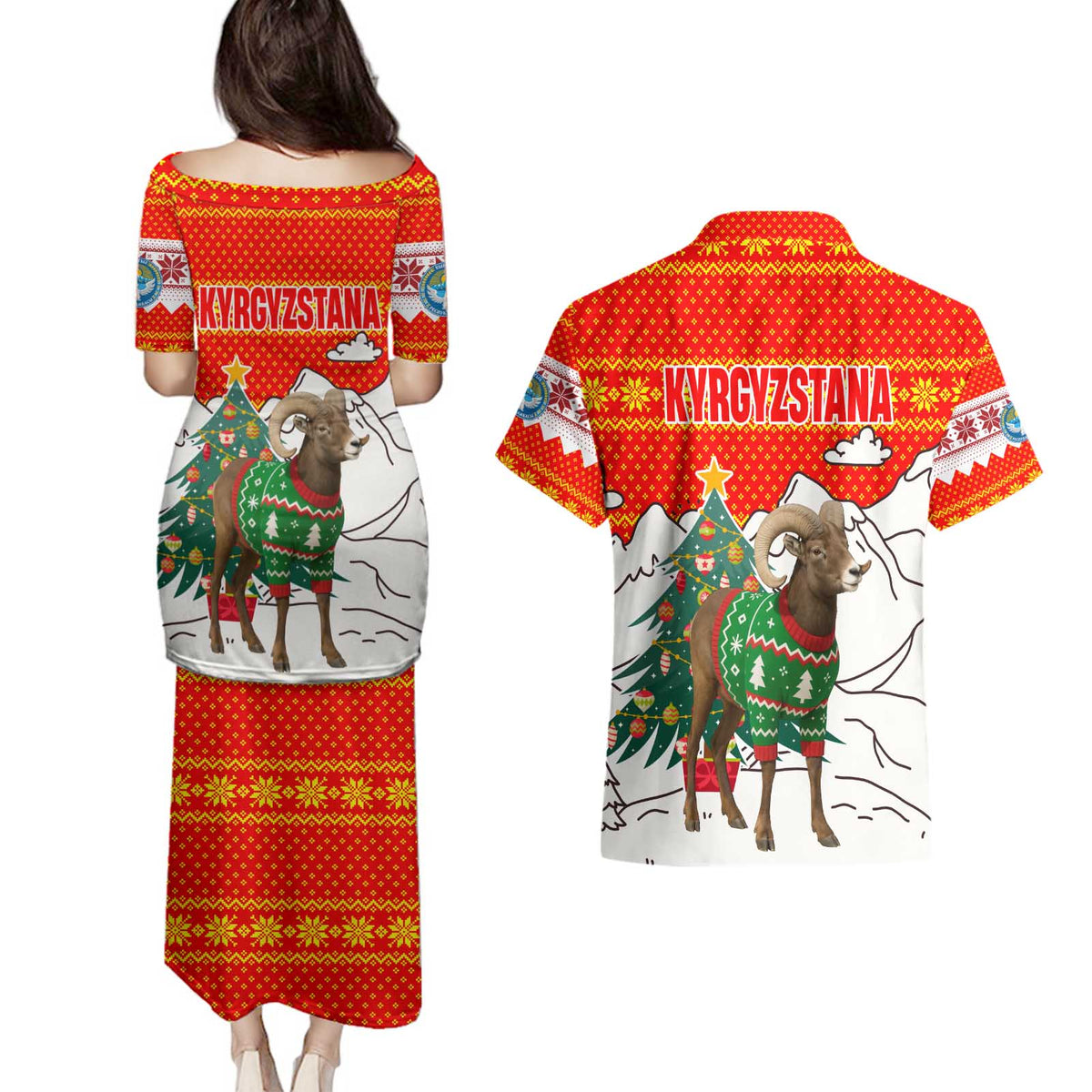 Kyrgyzstan Christmas Couples Matching Puletasi and Hawaiian Shirt with Mountain Goat in Festive Red Snowflake Pattern and Holiday Tree - Wonder Print Shop