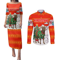 Kyrgyzstan Christmas Couples Matching Puletasi and Long Sleeve Button Shirt with Mountain Goat in Festive Red Snowflake Pattern and Holiday Tree - Wonder Print Shop
