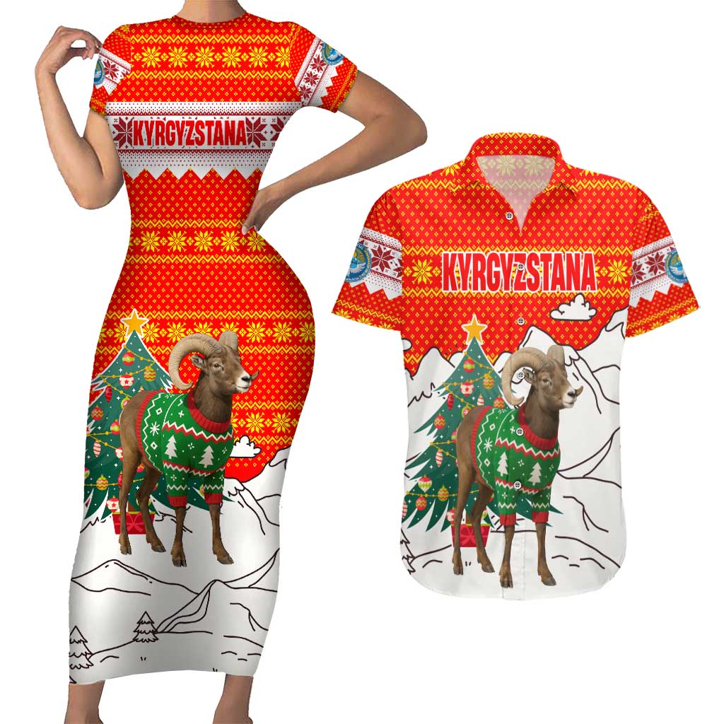 Kyrgyzstan Christmas Couples Matching Short Sleeve Bodycon Dress and Hawaiian Shirt with Mountain Goat in Festive Red Snowflake Pattern and Holiday Tree - Wonder Print Shop