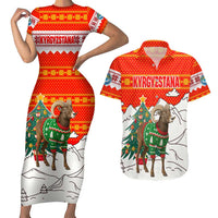 Kyrgyzstan Christmas Couples Matching Short Sleeve Bodycon Dress and Hawaiian Shirt with Mountain Goat in Festive Red Snowflake Pattern and Holiday Tree - Wonder Print Shop