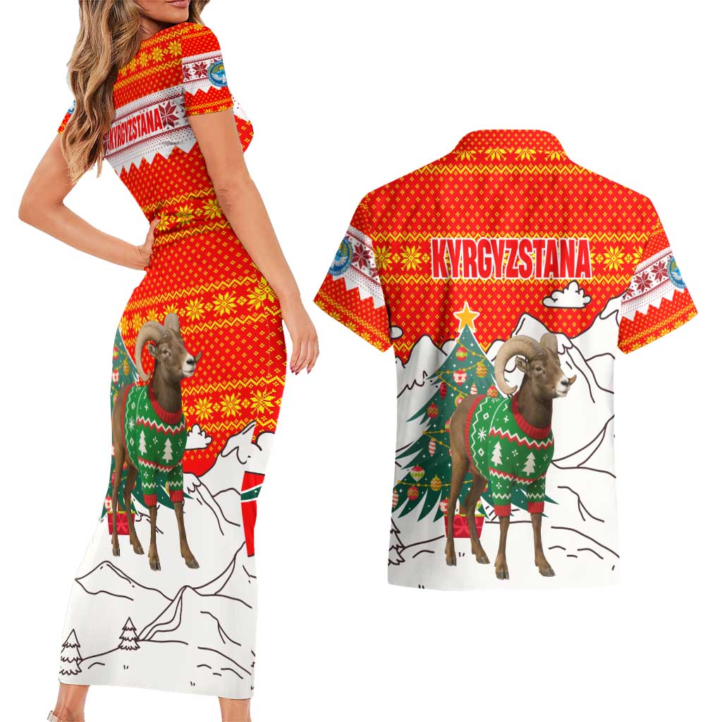 Kyrgyzstan Christmas Couples Matching Short Sleeve Bodycon Dress and Hawaiian Shirt with Mountain Goat in Festive Red Snowflake Pattern and Holiday Tree - Wonder Print Shop