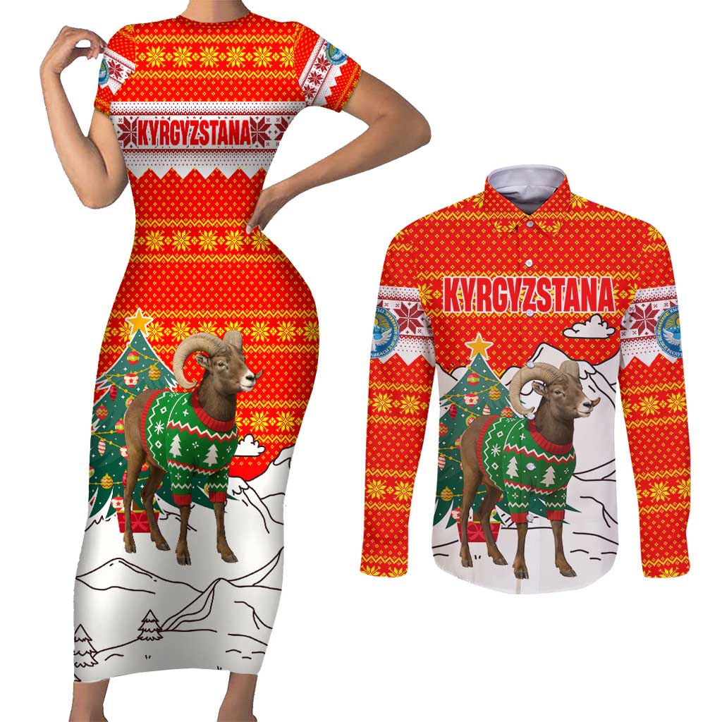 Kyrgyzstan Christmas Couples Matching Short Sleeve Bodycon Dress and Long Sleeve Button Shirt with Mountain Goat in Festive Red Snowflake Pattern and Holiday Tree - Wonder Print Shop