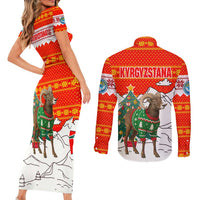 Kyrgyzstan Christmas Couples Matching Short Sleeve Bodycon Dress and Long Sleeve Button Shirt with Mountain Goat in Festive Red Snowflake Pattern and Holiday Tree - Wonder Print Shop