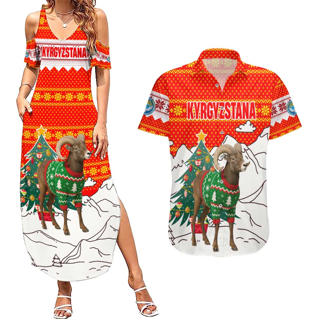 Kyrgyzstan Christmas Couples Matching Summer Maxi Dress and Hawaiian Shirt with Mountain Goat in Festive Red Snowflake Pattern and Holiday Tree - Wonder Print Shop